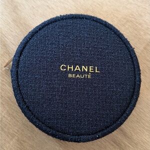 CHANEL Black Tweed Round Cosmetic Case with Gold Logo